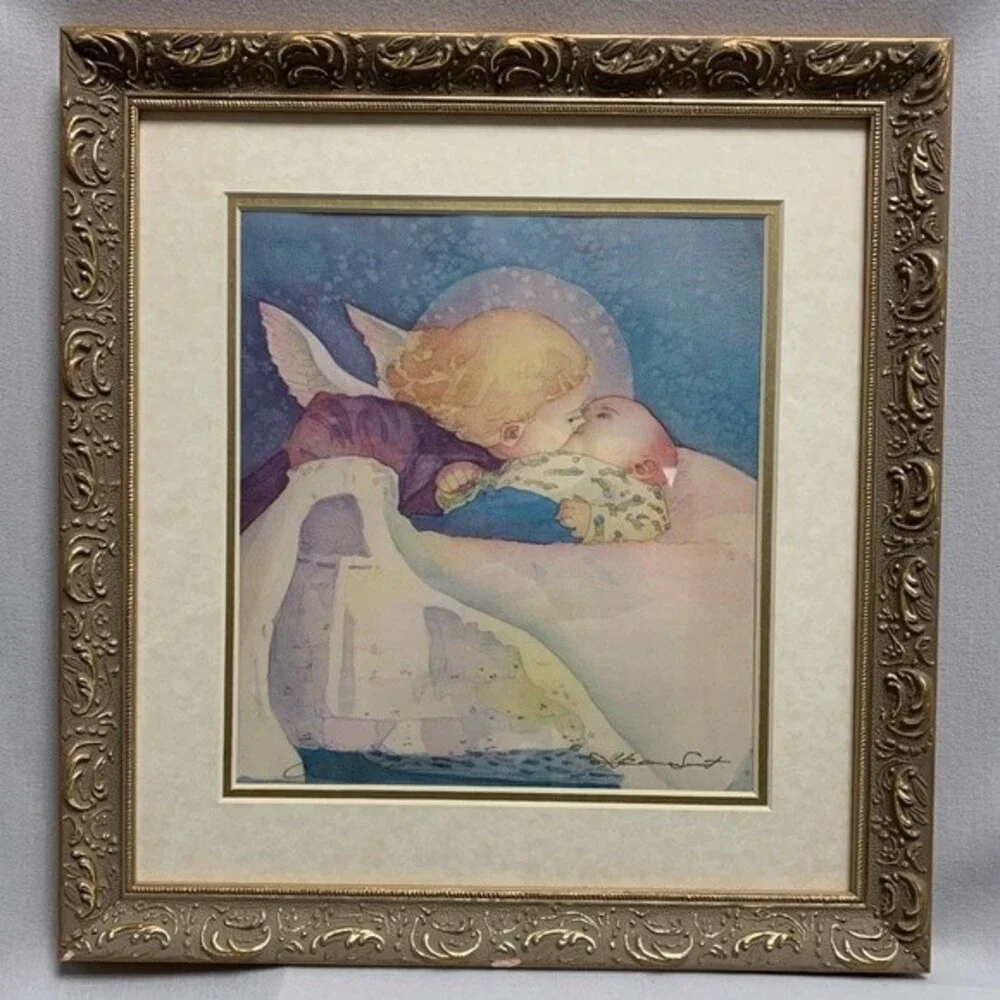 Vintage Angel Kissing Baby Framed Wall Art Print Home Decor Nursery Newborn